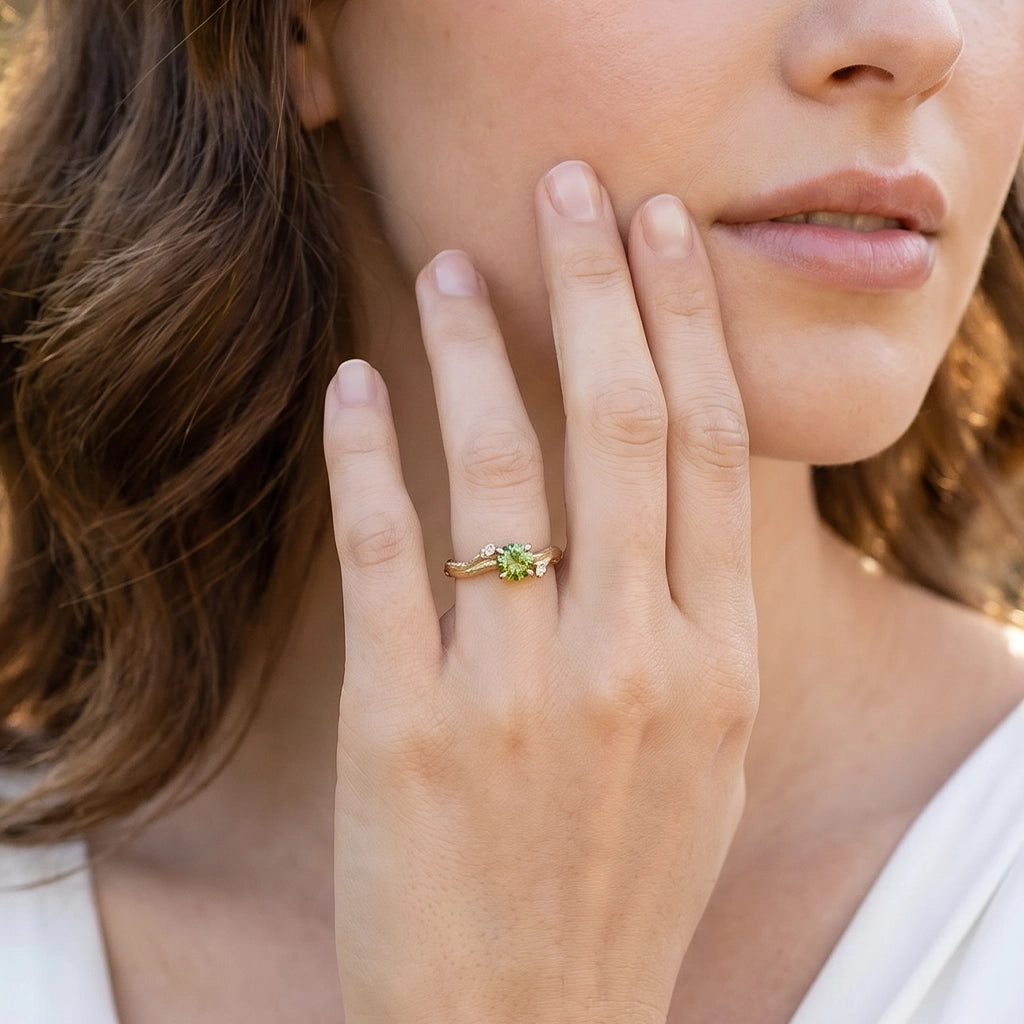Ivy’s Verdant | Round Peridot Vine Engagement Ring.