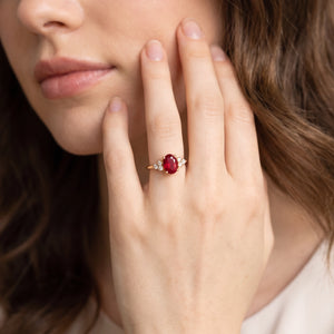 Valencia’s Crimson | 1.5CT Oval Ruby & Diamond Cluster Engagement Ring