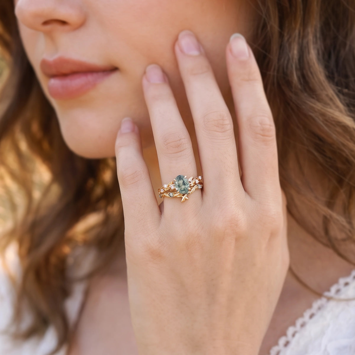 Clarissa’s Frond | Oval Moss Agate Leafy Bridal Set 2pcs