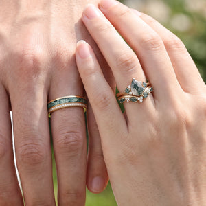 Sylvie’s Confluence | Pear Moss Agate Bridal Set & Full-Bezel Moss Agate & Diamond Band Couple Ring Set 3pcs