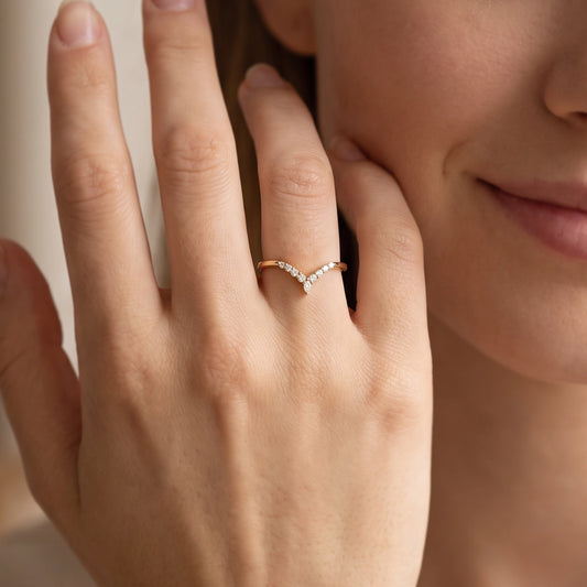 Celine’s Radiance | Round Diamond Half Eternity Chevron Wedding Band