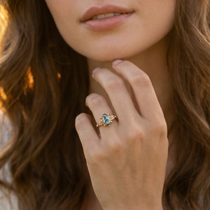 Sylvie’s Shade | Marquise Cut Moss Agate Leaf Vintage Engagement Ring.
