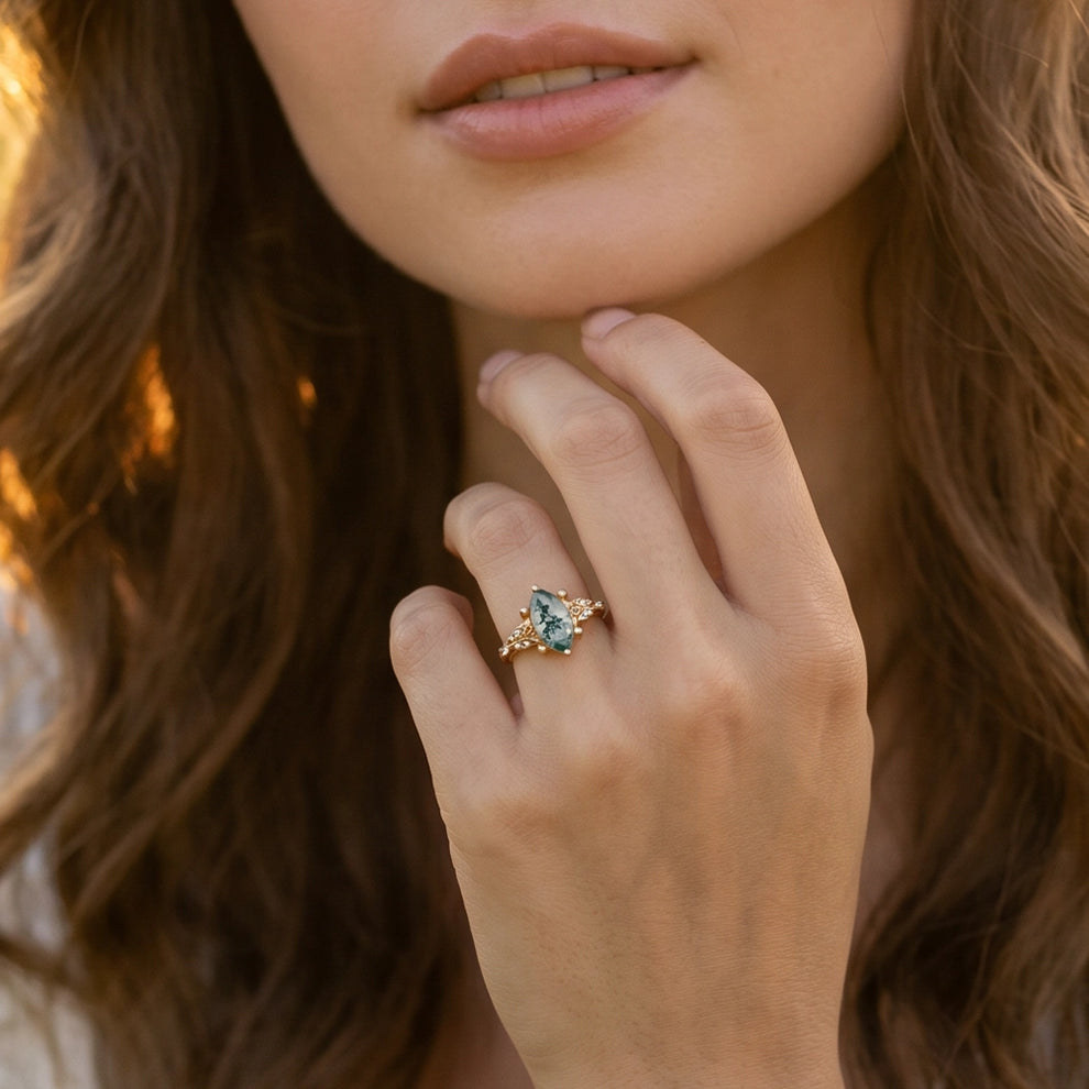 Sylvie’s Shade | Marquise Cut Moss Agate Leaf Vintage Engagement Ring.
