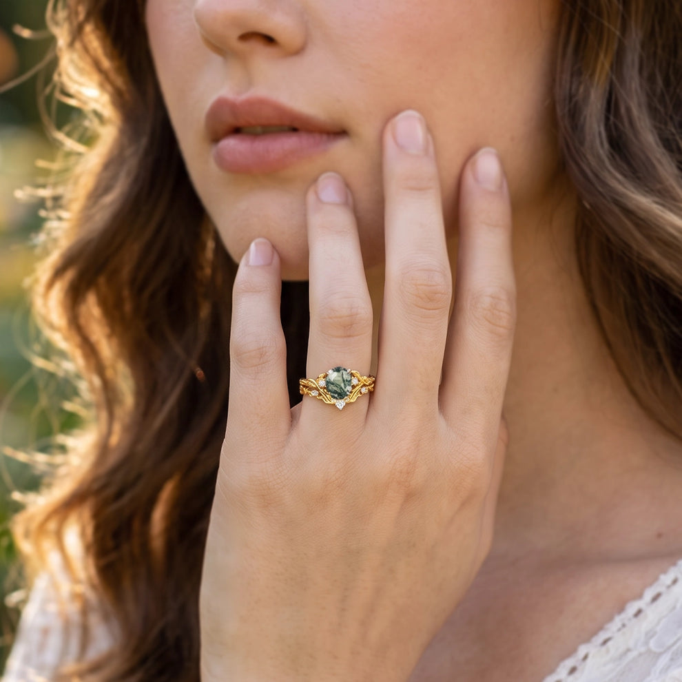 Rosalind’s Arbor | Oval Cut Moss Agate Leaf Branch Bridal Set 2pcs