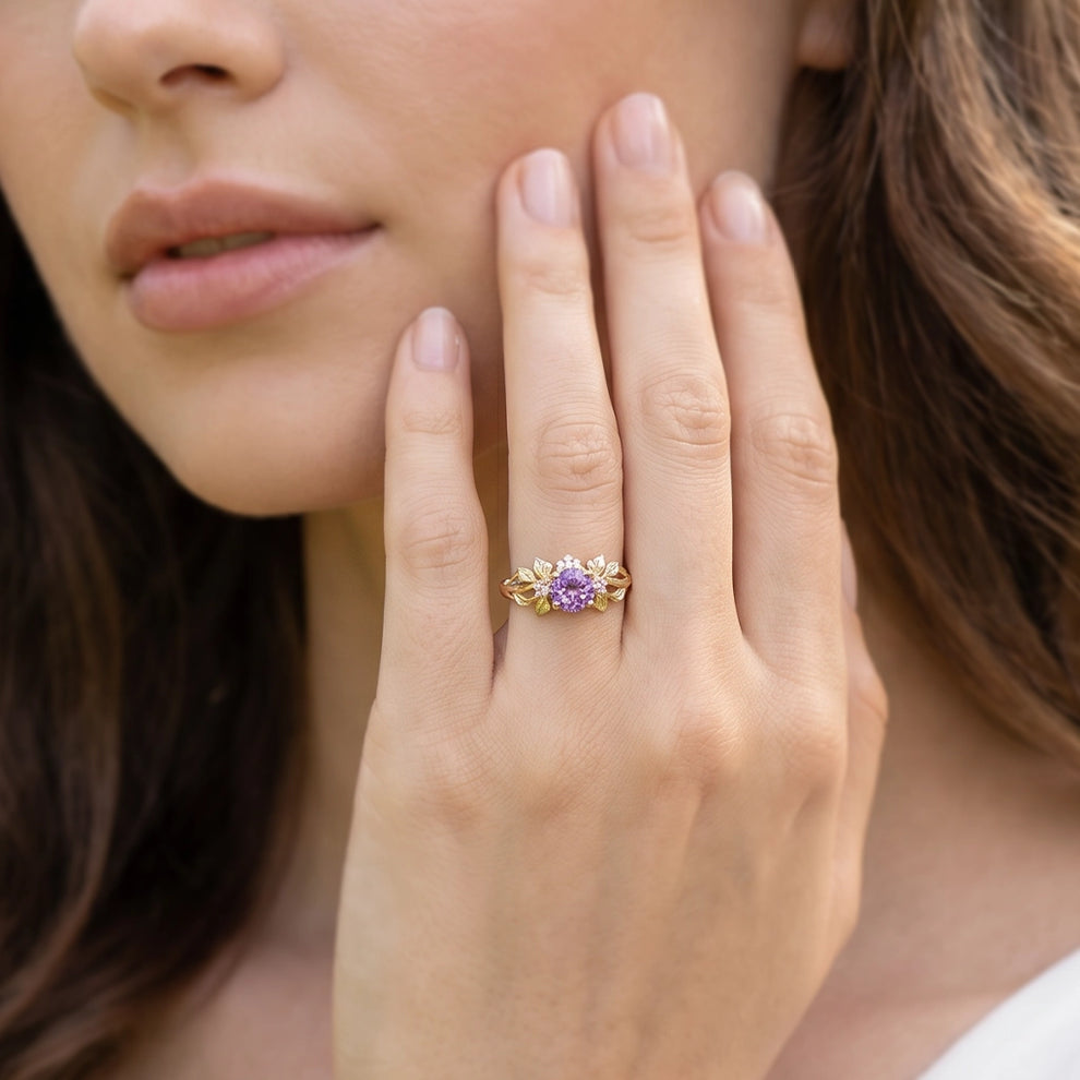 Elena’s Violet | Round Amethyst Floral Engagement Ring.