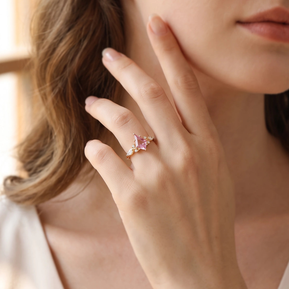 Aphrodite’s Peony | Kite-Cut Pink Sapphire Foliage Engagement Ring