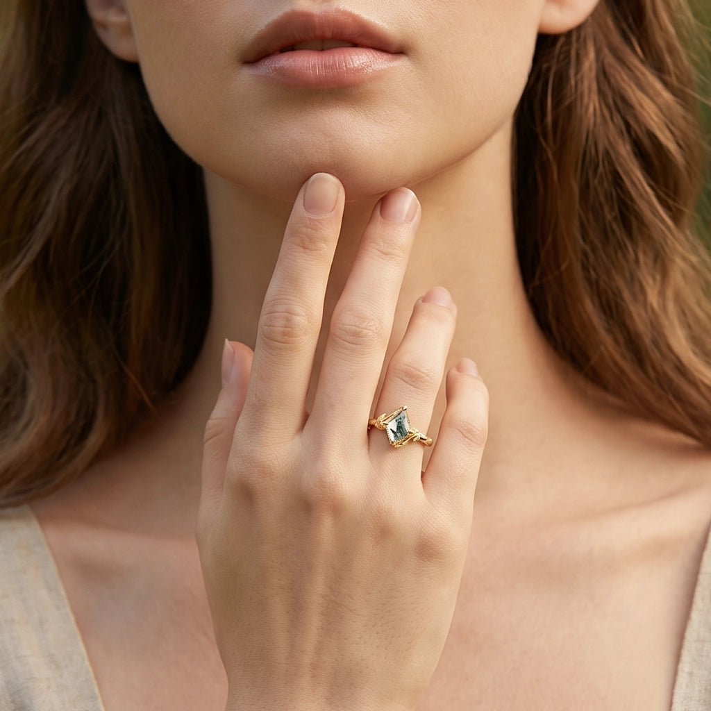 Delphine’s Twine | Kite Cut Moss Agate Leafy Engagement Ring.
