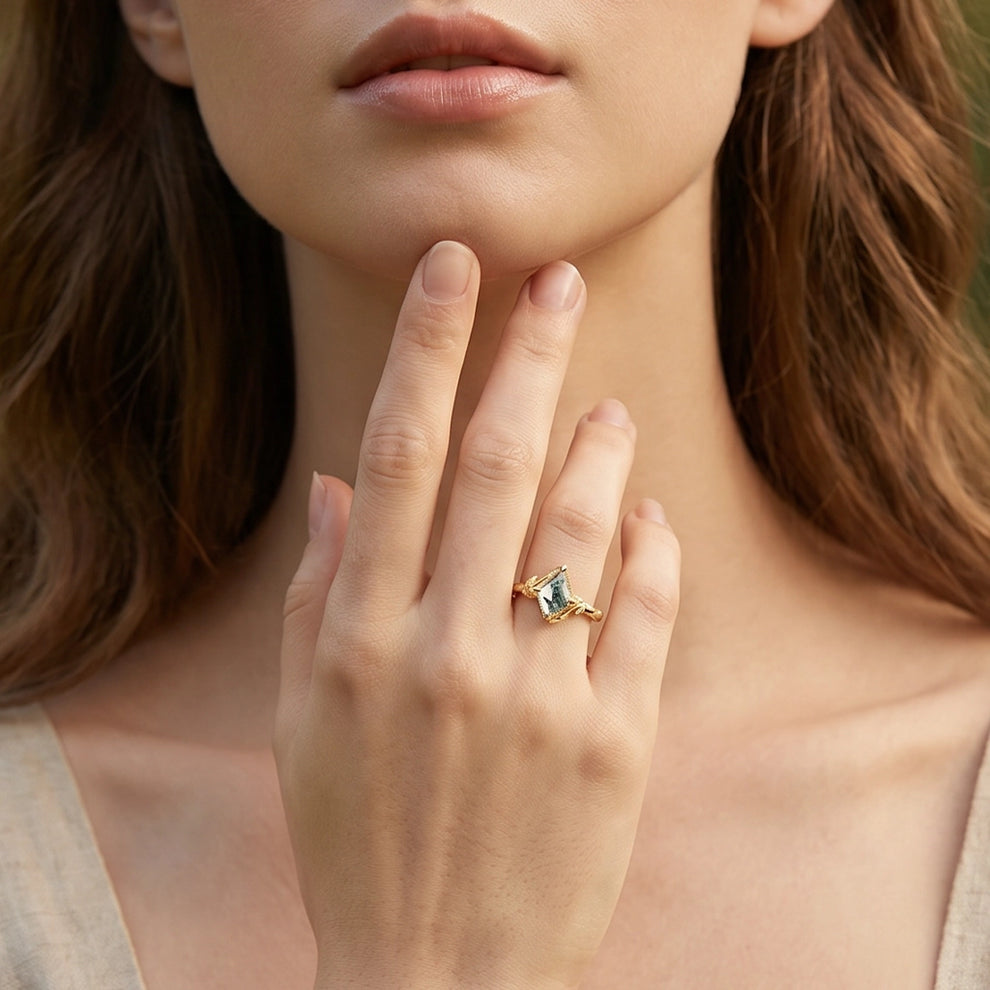 Delphine’s Twine | Kite Cut Moss Agate Leafy Engagement Ring.