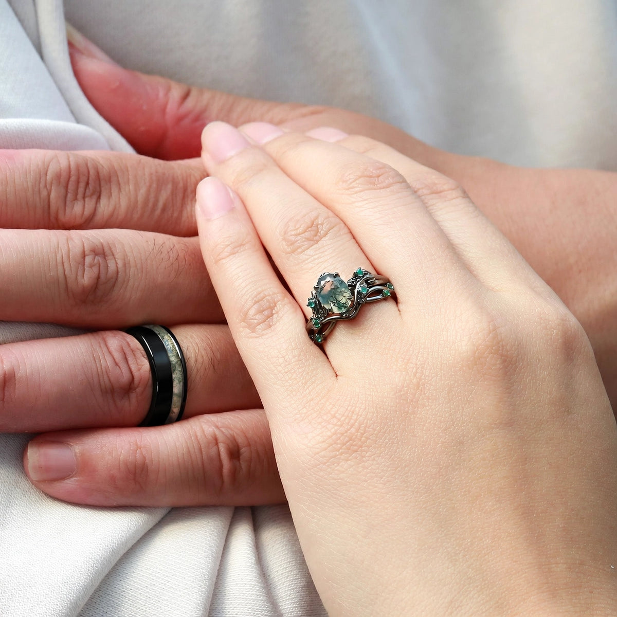 Sylvie’s Shadow | Black Gold & Oval Moss Agate Couple Ring Set 3pcs.