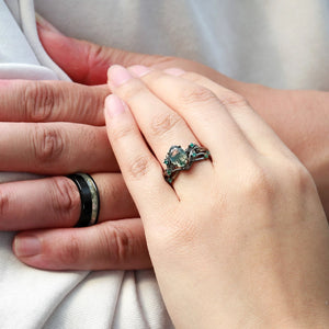Sylvie’s Shadow | Black Gold & Oval Moss Agate Couple Ring Set 3pcs.
