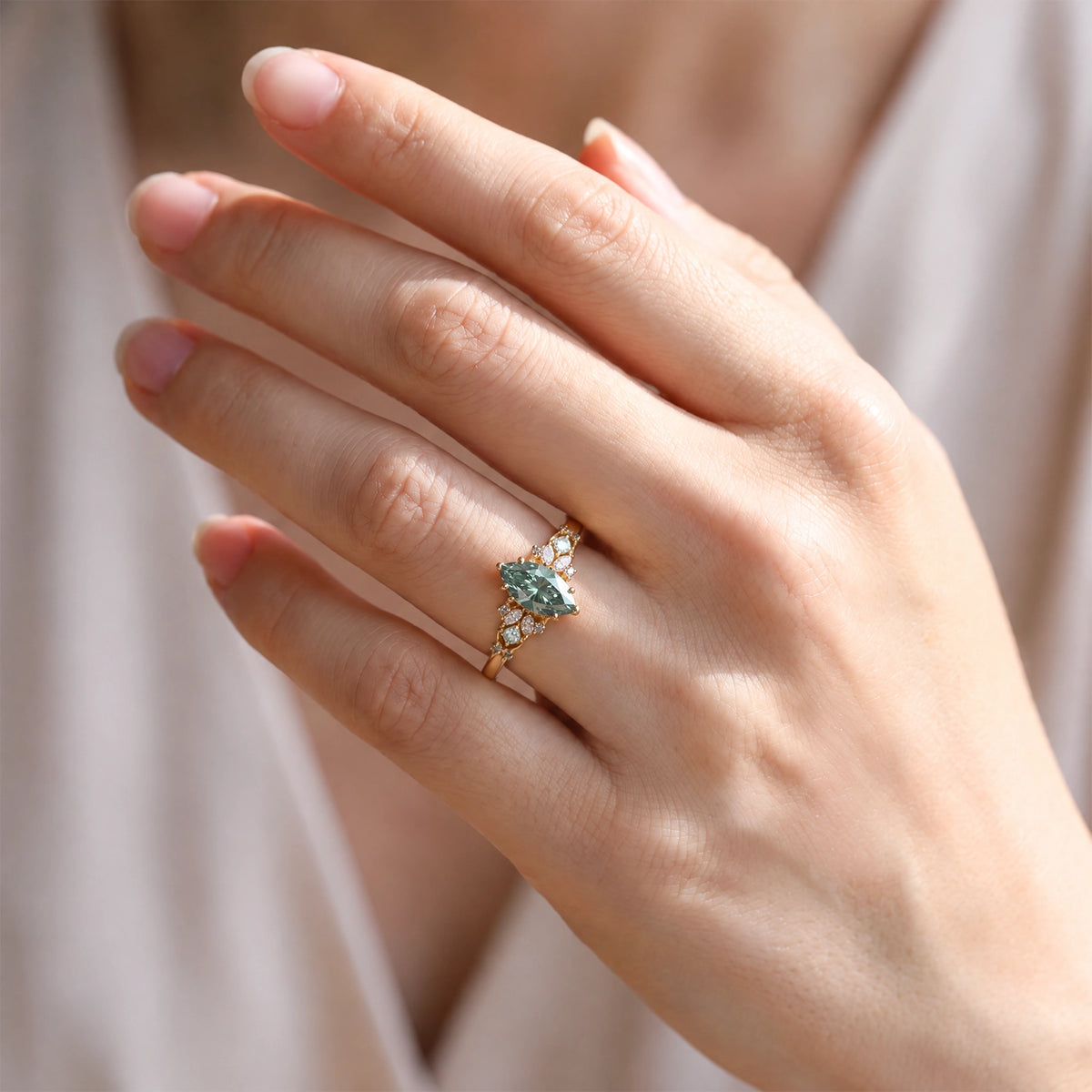 Joséphine’s Verdure | 1CT Marquise-Cut Green Moissanite Vintage Engagement Ring