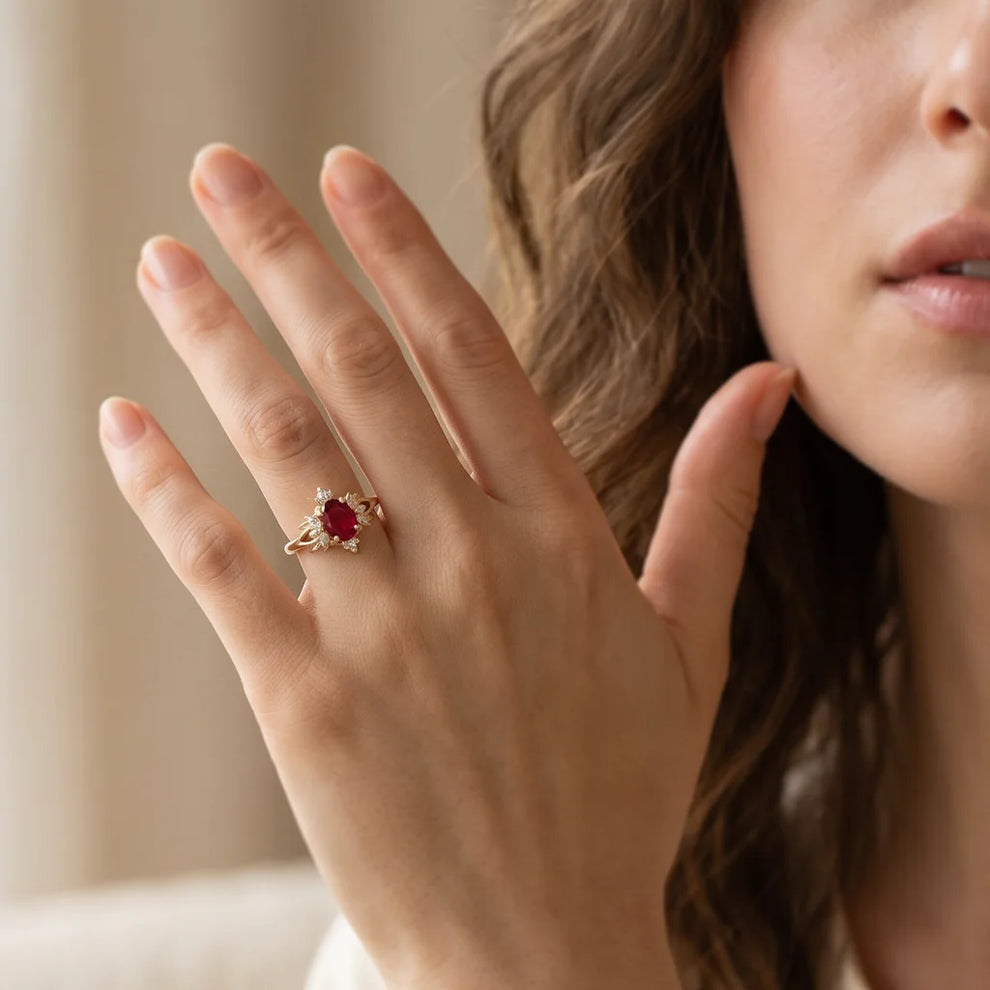 Roselight Briar | Oval Ruby Engagement Ring with Scattered Diamond Leaves