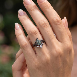 Willow’s Shadow | Black Gold Pear Shaped Moss Agate Leafy Bridal Set 2pcs.