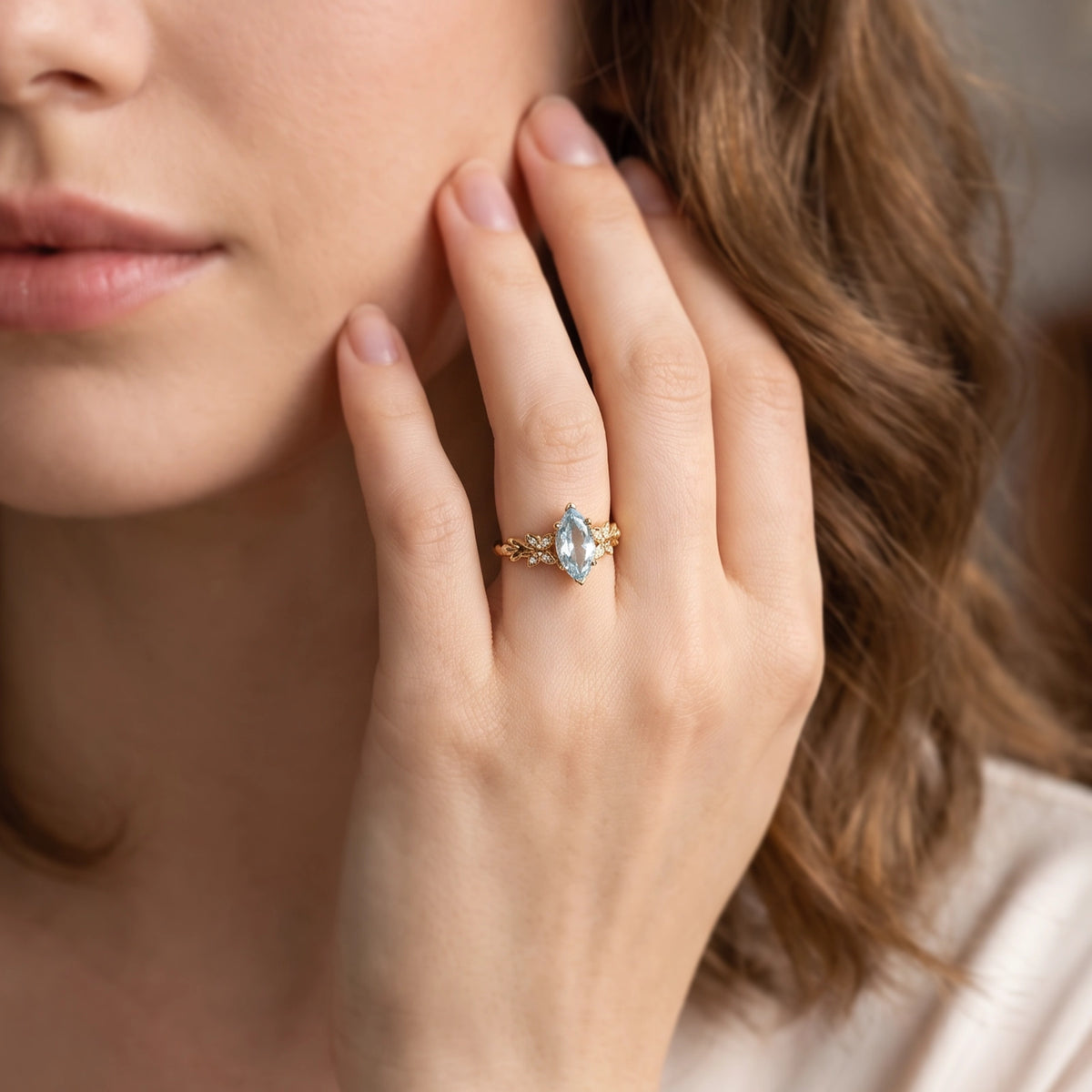 Marina’s Foliage | Marquise Blue Aquamarine Botanical Engagement Ring