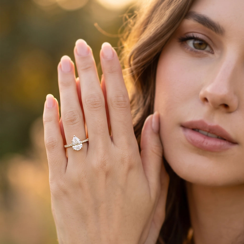 Lena’s Radiance | 1.5CT Pear Diamond Pavé Solitaire Engagement Ring