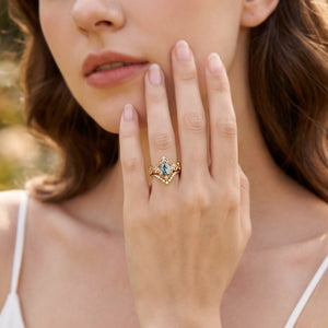 Nyx’s Eclipse | Black Gold Pear Moss Agate & Pearl Engagement Ring Set 2pcs