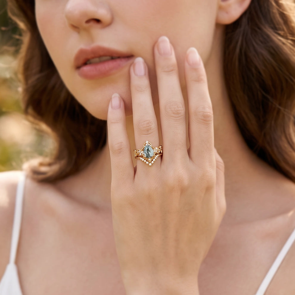 Nyx’s Eclipse | Black Gold Pear Moss Agate & Pearl Engagement Ring Set 2pcs