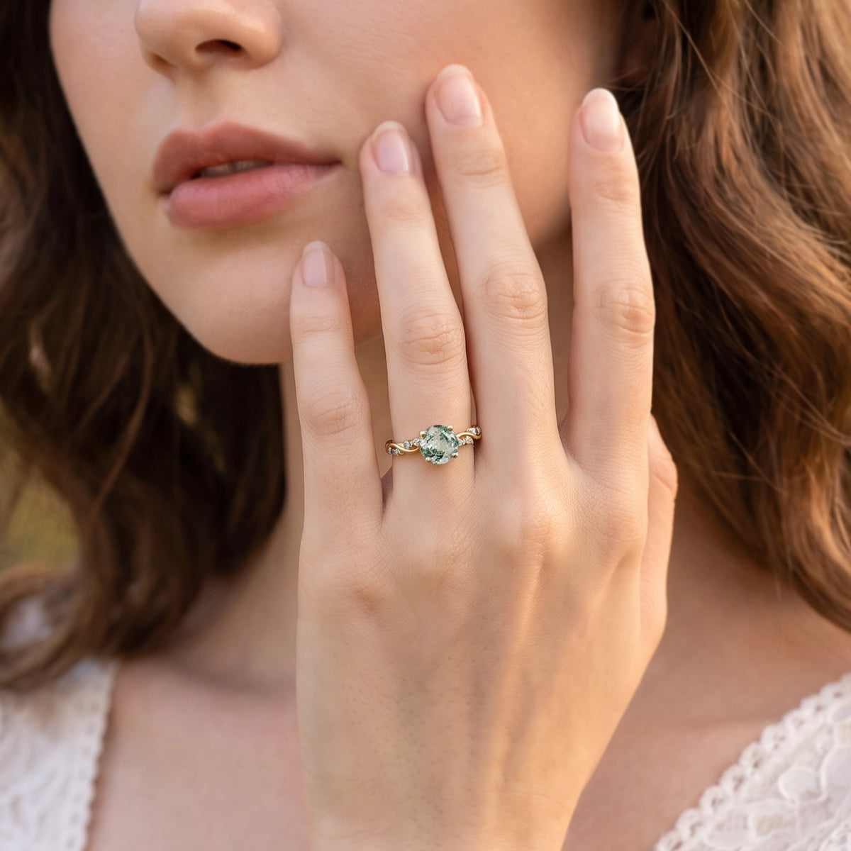 Flora’s Sprig | Round Moss Agate Botanical Engagement Ring