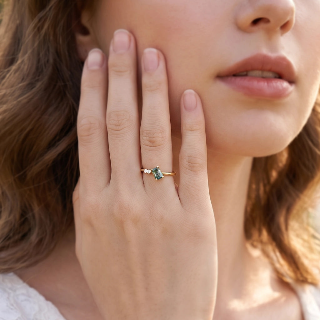 Isadora’s Meadow | Emerald Moss Agate & Moissanite Engagement Ring