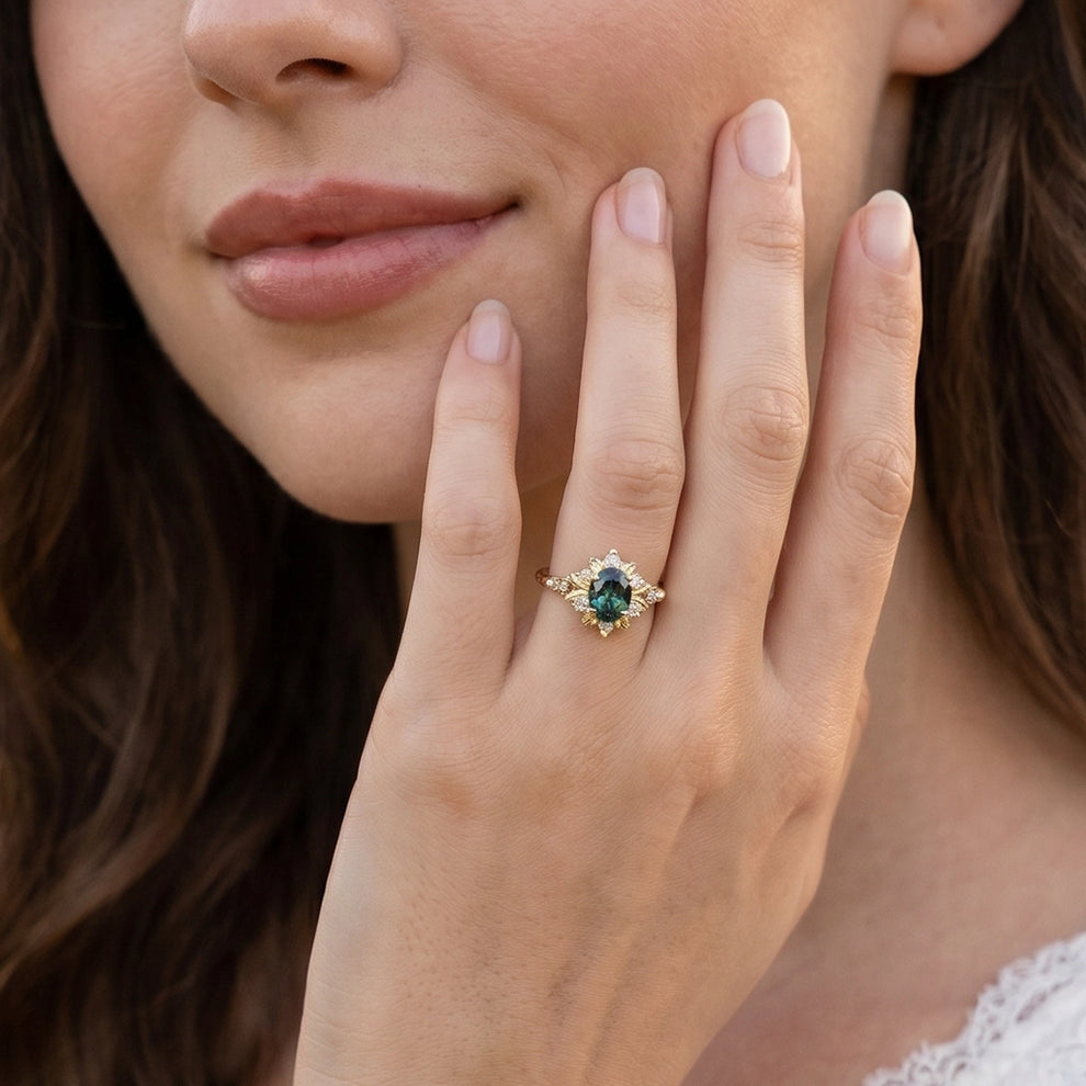 Rosalind‘s Bloom | Oval Cut Green Moissanite Halo Engagement Ring.
