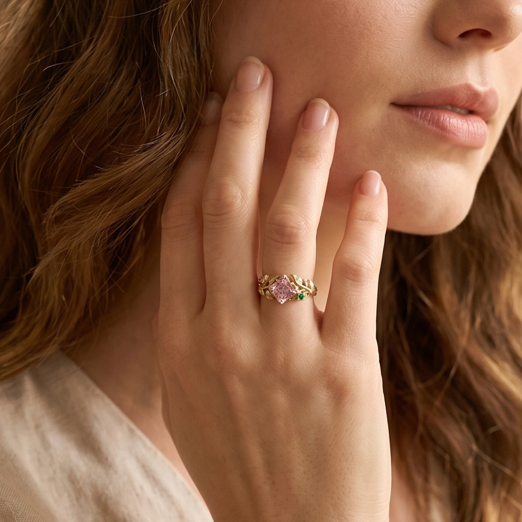 Rosalind’s Blush | Asscher Cut Pink Tourmaline Leafy Engagement Ring.