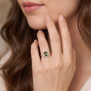 Thalassa’s Mirage | Oval Teal Sapphire Halo Vintage Engagement Ring