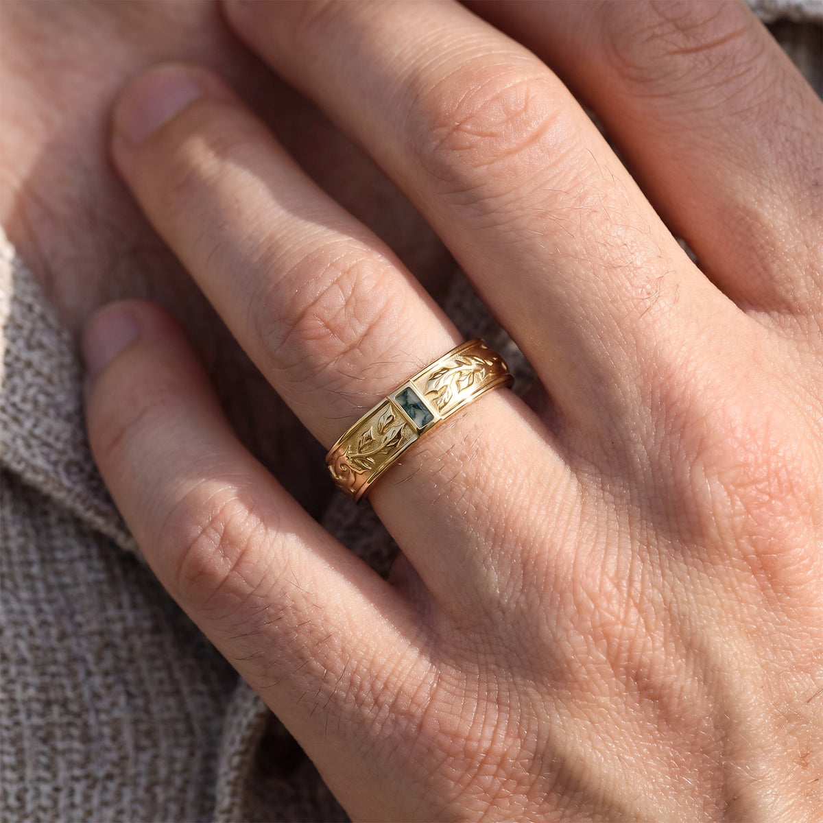 Orion’s Keystone | Baguette-Cut Moss Agate Men’s Band