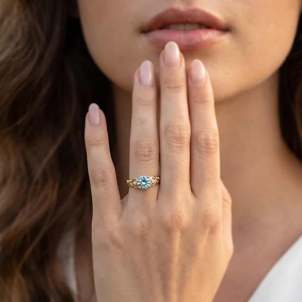 Marina’s Cameo | Round Blue Aquamarine Gold Engagement Ring.
