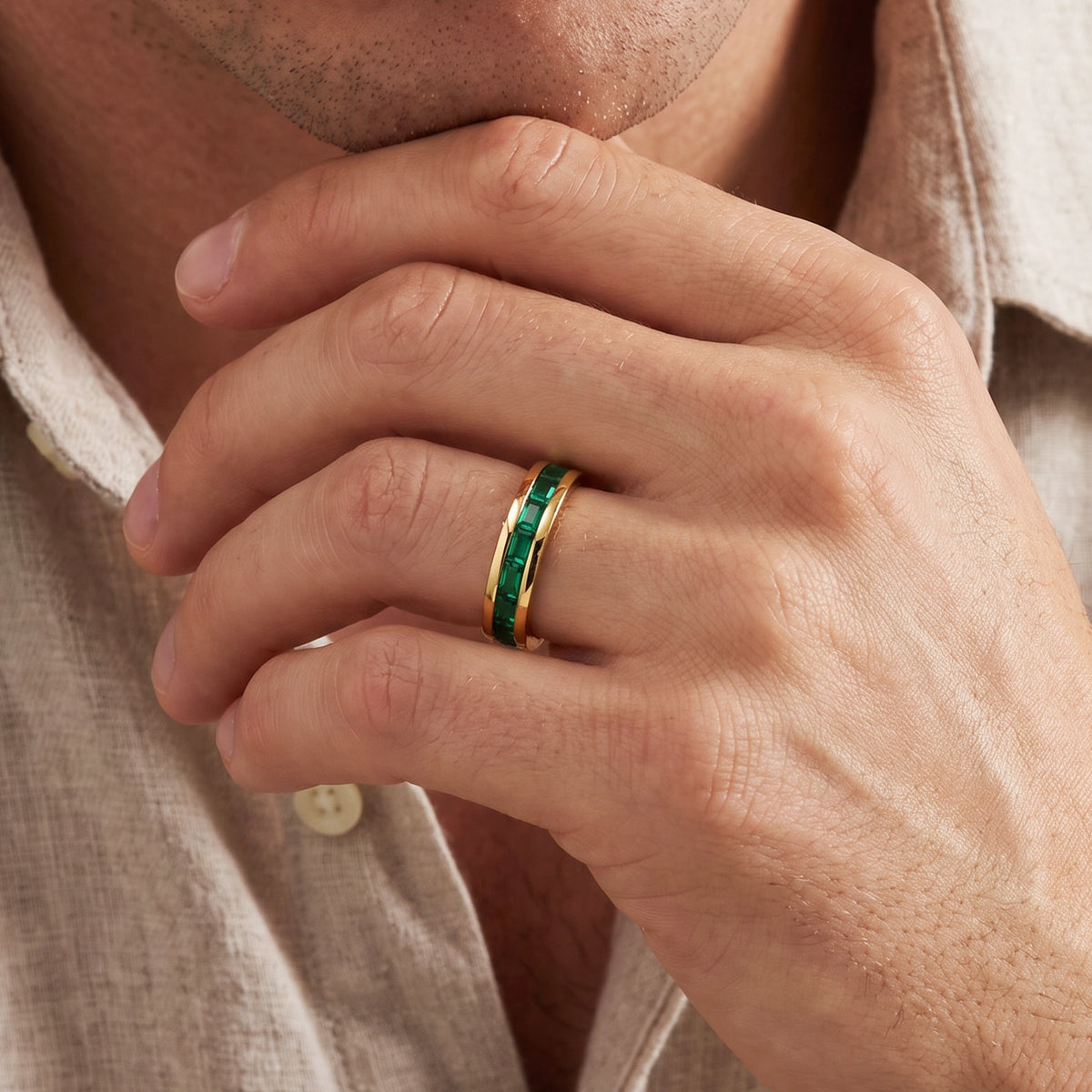 Odysseus’s Evergreen | Half-Eternity Baguette Emerald Men’s Band