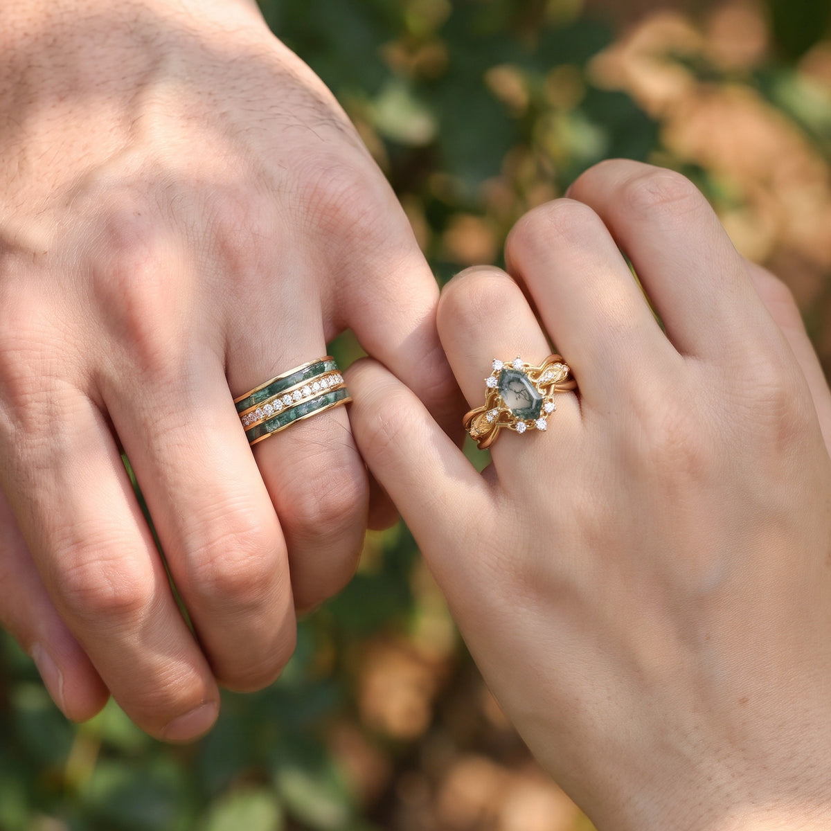 Isolde’s Enclave  | Vintage Long Hexagon Moss Agate & Moissanite Couple Ring Set 3pcs
