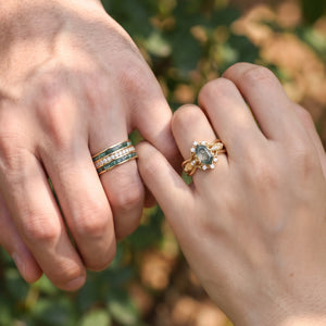 Isolde’s Enclave  | Vintage Long Hexagon Moss Agate & Moissanite Couple Ring Set 3pcs