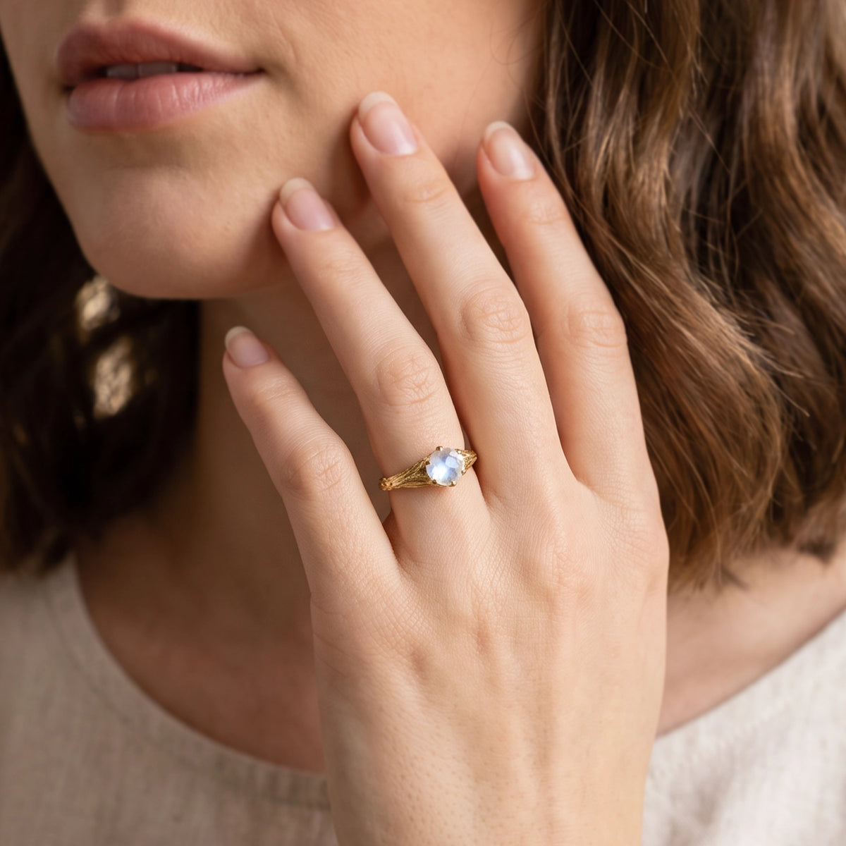 Athena‘s Olive | Round Moonstone Solitaire Engagement Ring