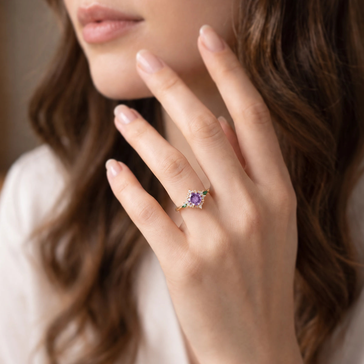 Rosalind’s Lilac | 1CT Fantasy-Cut Round Lavender Sapphire Halo Engagement Ring