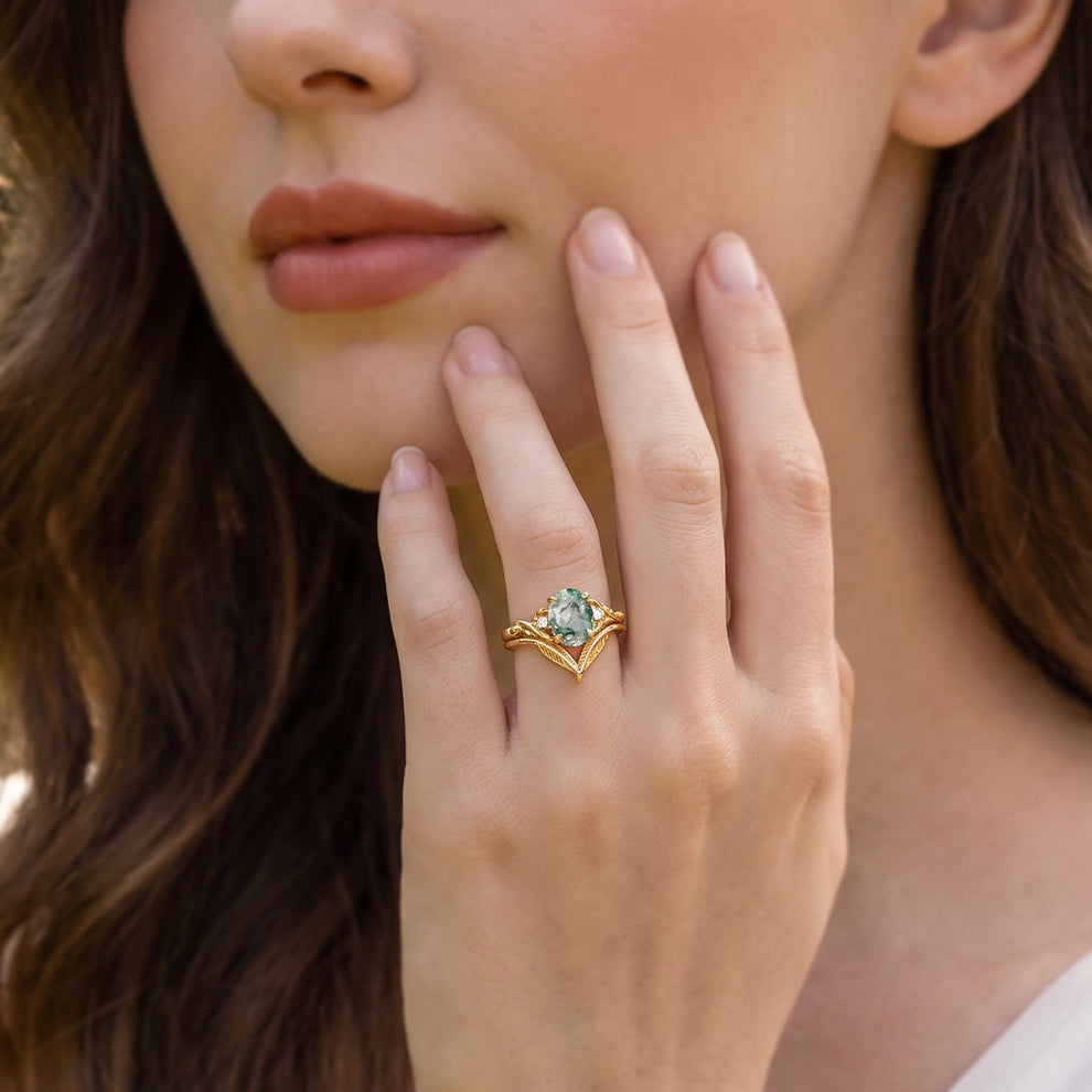 Isadora’s Gilded | Oval Moss Agate Leafy Gold Bridal Duo