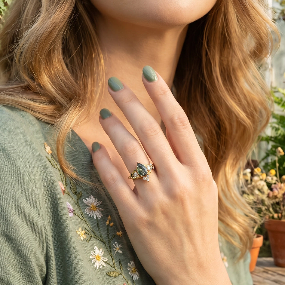 Katriel Pear Cut Lab Moss Agate Oak Leaf Engagement Ring.