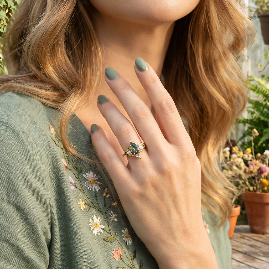 Katriel Pear Cut Lab Moss Agate Oak Leaf Engagement Ring