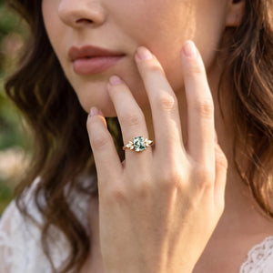 Sylvie’s Lattice | Emerald Cut Moss Agate Cluster Engagement Ring