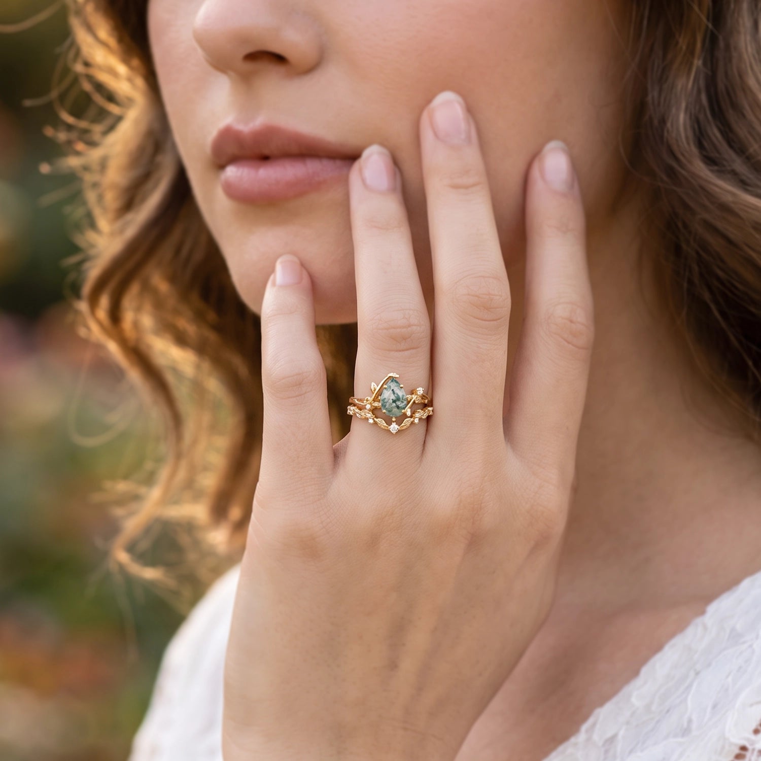 Hazel‘s Tangle | Pear Cut Moss Agate Vine Bridal Duo