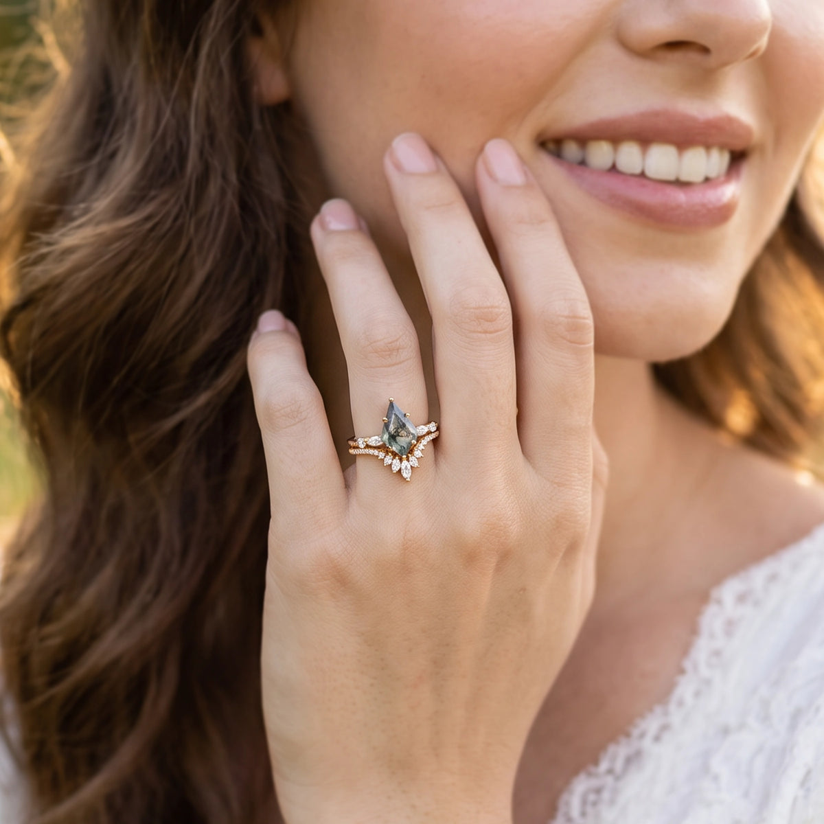 Seraphina's Whisper | Kite Cut Moss Agate Chevron Bridal Duo