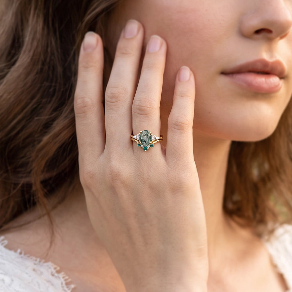 Seraphina’s Harmony | Oval Moss Agate & Lab Emerald Bridal Duo