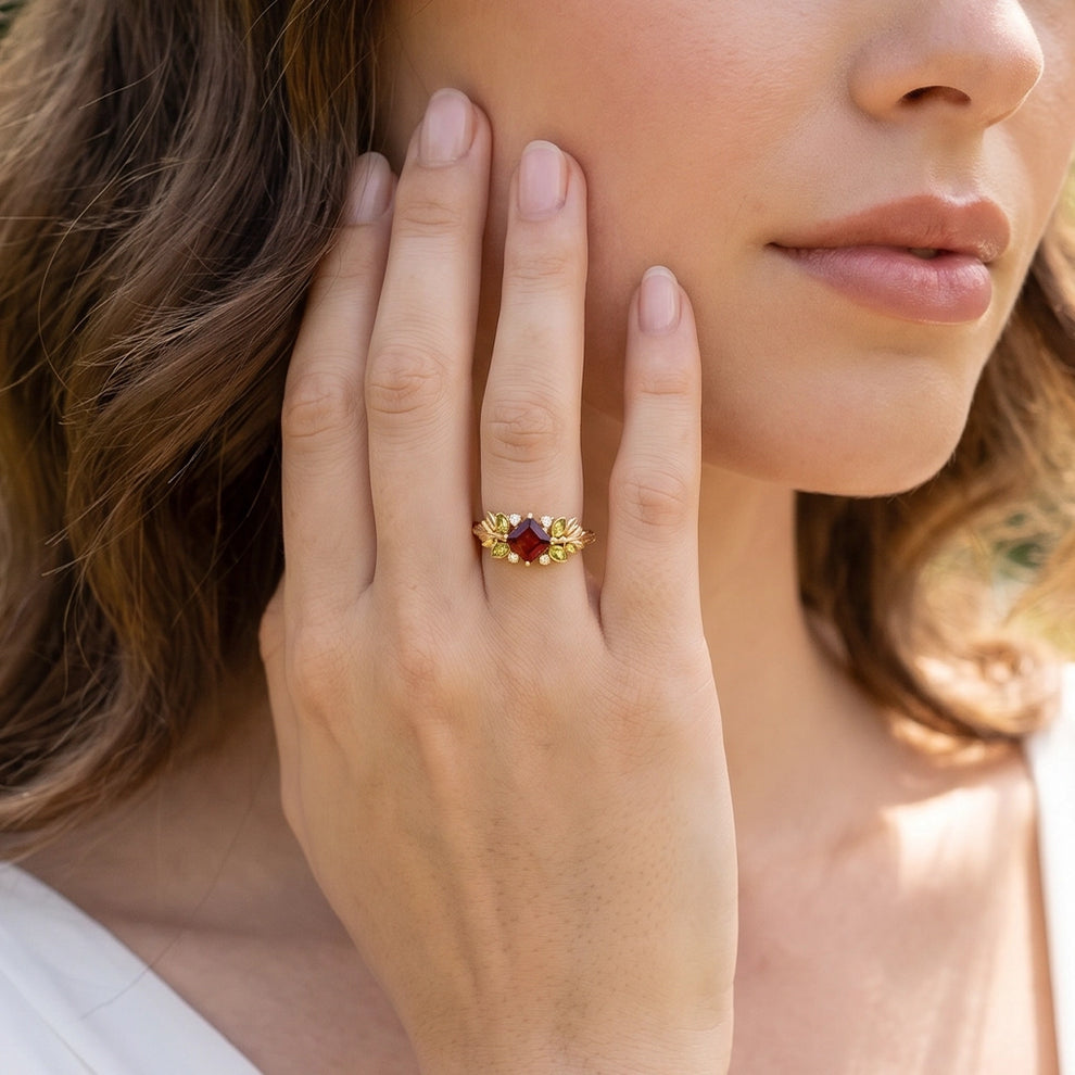 Scarlett’s Harvest | Square Leafy Red Garnet Engagement Ring.