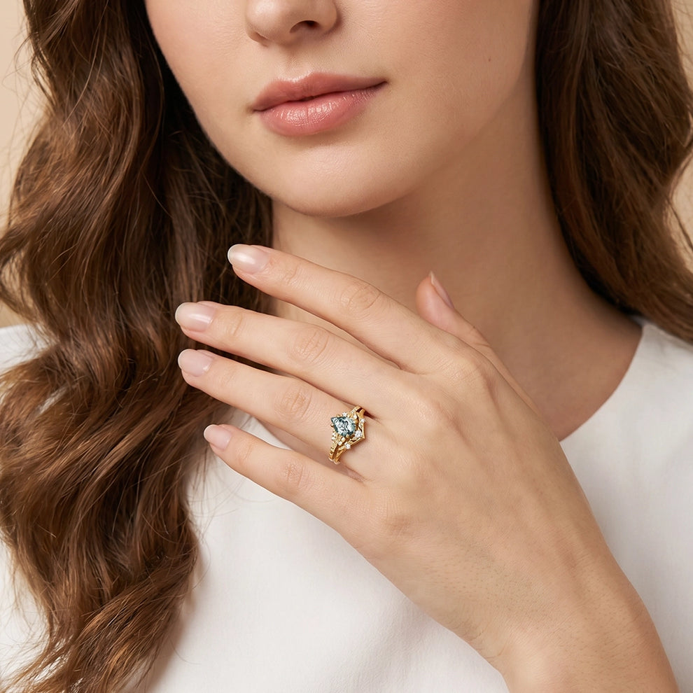 Hortense  Leaf Nature Inspired Pear Cut Moss Agate Engagement Ring Set 2pcs.