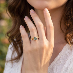 Celandine’s Tendril | Oval Cut Moss Agate Vine Engagement Ring