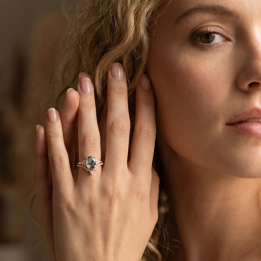 Classic 2.0ct Moss Agate Oval Ring Set 2pcs.