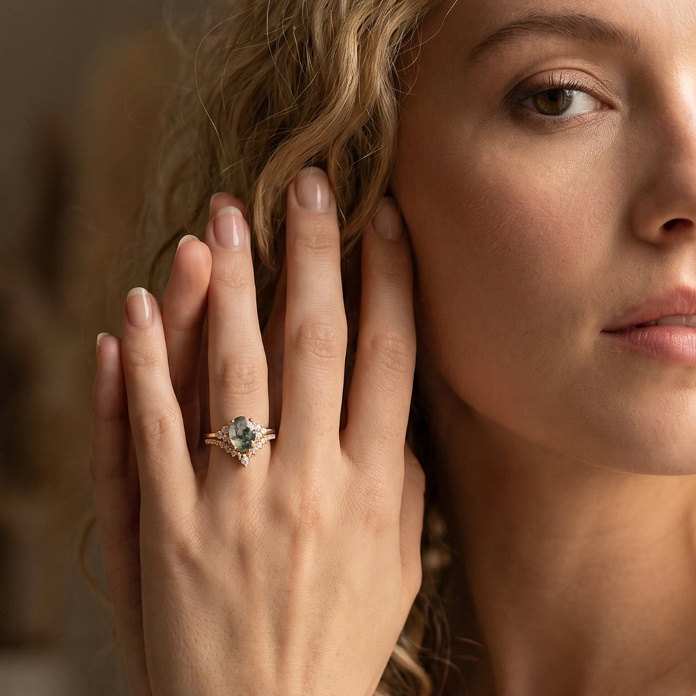 Classic 2.0ct Moss Agate Oval Ring Set 2pcs.