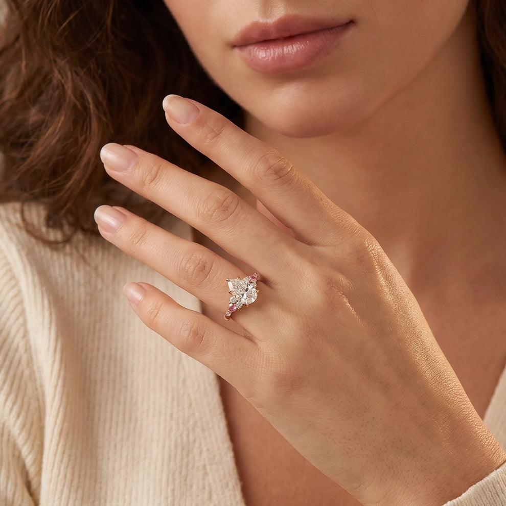 Aurora’s Embrace | Vintage 2CT Pear Cut Diamond Twin Trio Engagement Ring.