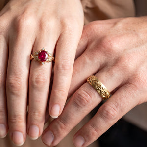 Aurora’s Ember | Oval Ruby Vintage & Noble Oak Band Couple Set