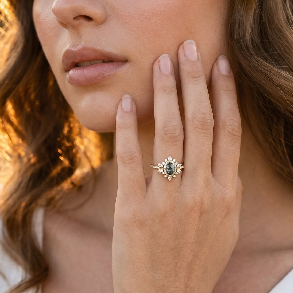 Verdana’s Nimbus | Oval Moss Agate Halo  Engagement Ring.