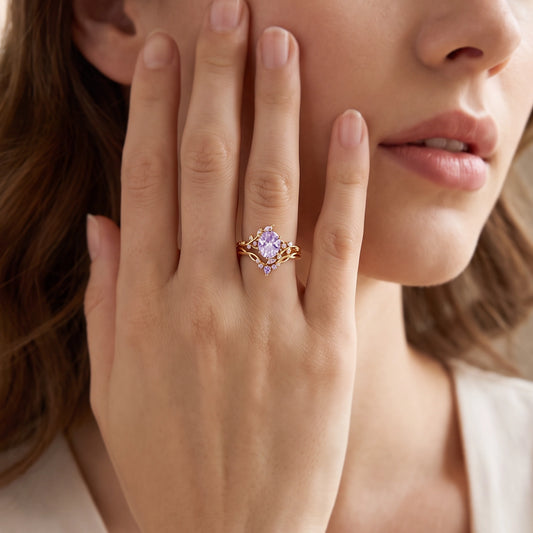 Viola’s Aquarelle | Oval Firework Cut Lavender Sapphire Foliage Bridal Duo