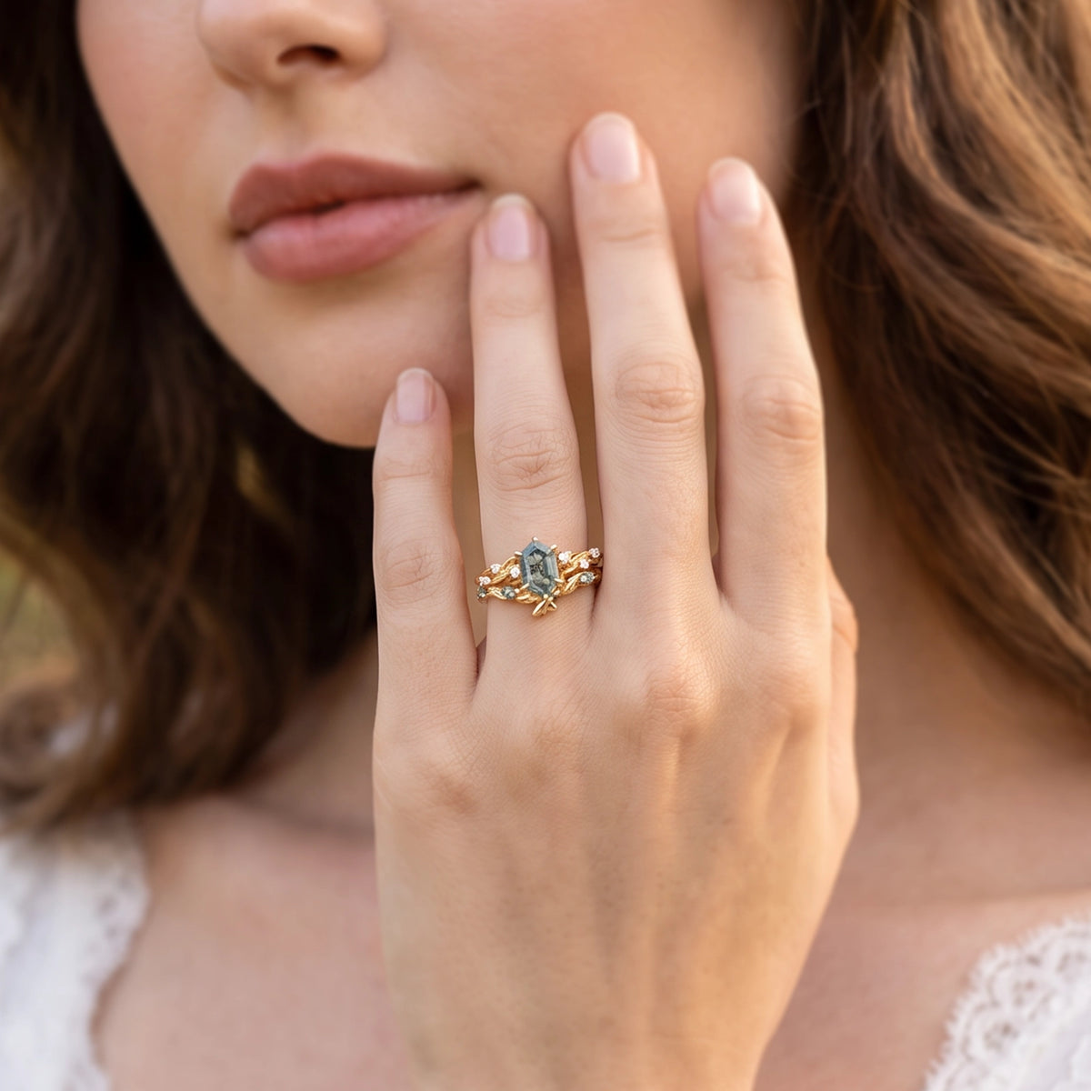 Clarissa’s Frond | Hexagon Cut Moss Agate Leafy Bridal Set 2pcs